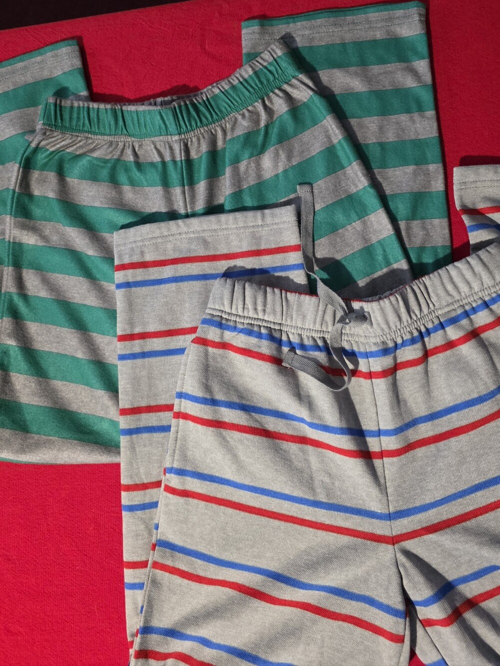 2 Pair Of Kids Pajama Pants Gray with Red/Blue Stripes & Green And Gray Striped